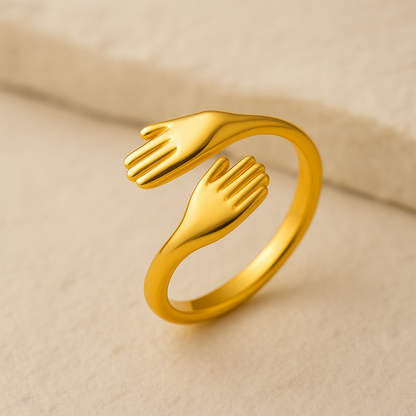Gold Adjustable Hug Ring for Women – Unique Open Hand Design, Anti-Tarnish Finish
