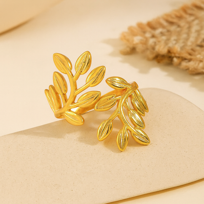 Anti-Tarnish Gold Leaf Adjustable Ring for Women – Nature Inspired Open Wrap Design
