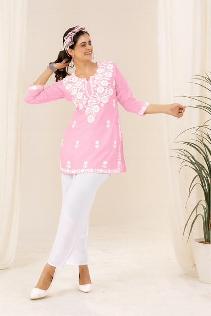 Light Pink Rayon Kurti with Elegant White Embroidery – Side Cut | Casual & Festive Wear