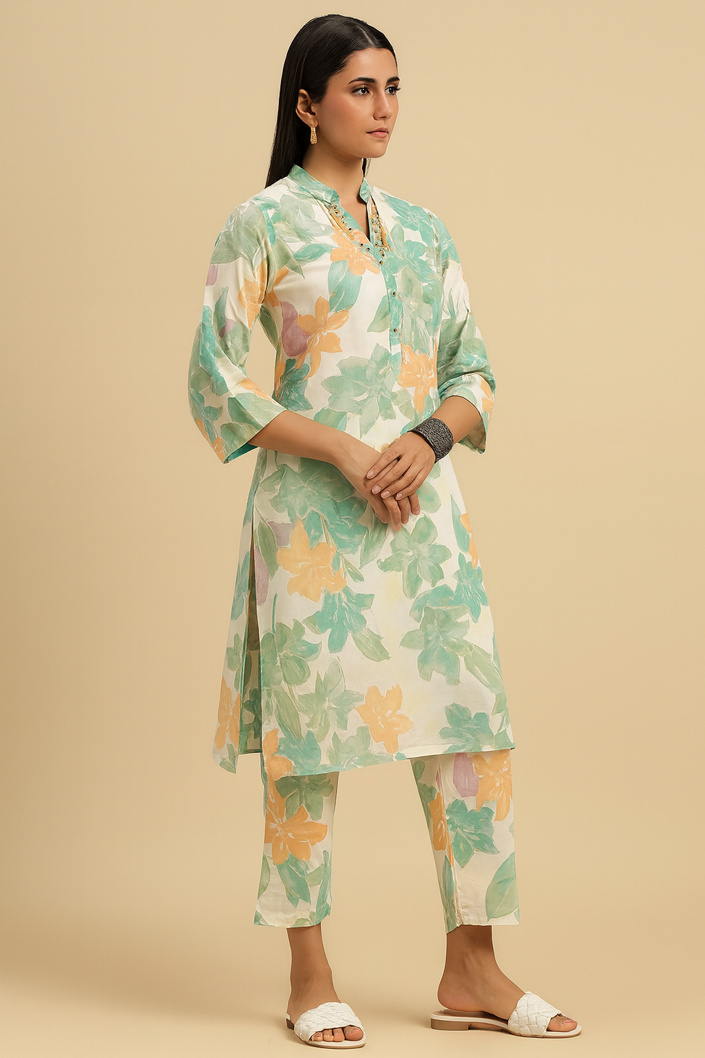 Women’s Green & Orange Floral Print Coord Set – Collar Neck Kurta with Pants