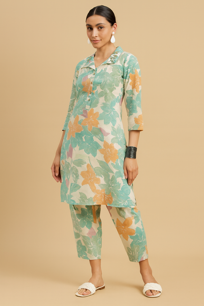 Women’s Green & Orange Floral Print Coord Set – Collar Neck Kurta with Pants