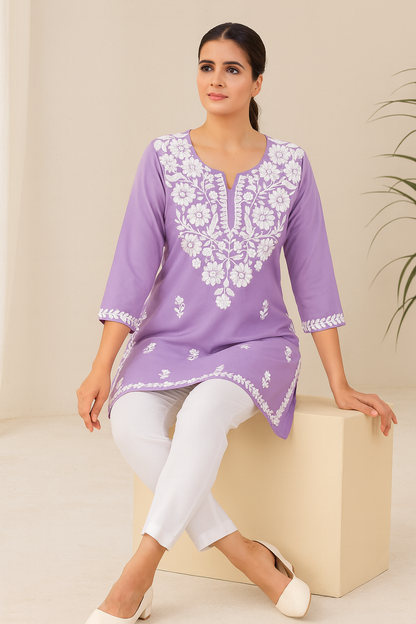 Lavender Rayon Embroidered Kurti for Women | Side-Cut Short Kurti by Blue Hills
