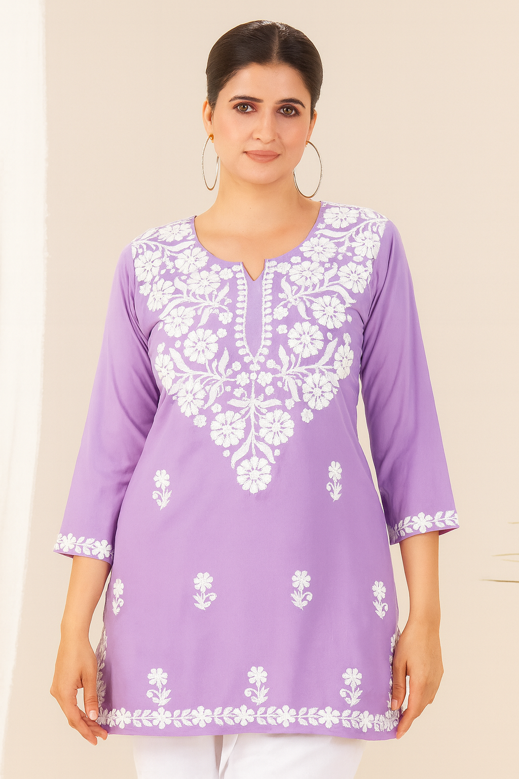 Lavender Rayon Embroidered Kurti for Women | Side-Cut Short Kurti by Blue Hills