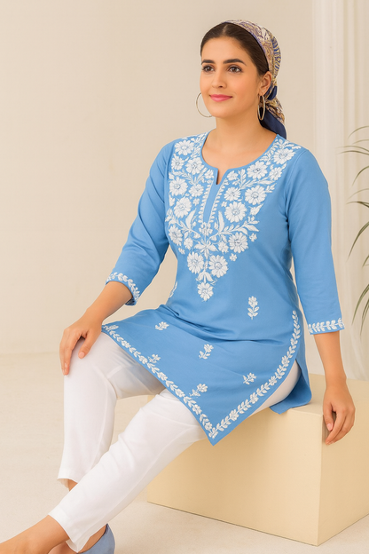 Sky Blue Rayon Embroidered Kurti Set for Women | Side Cut Short Kurti with White Thread Work