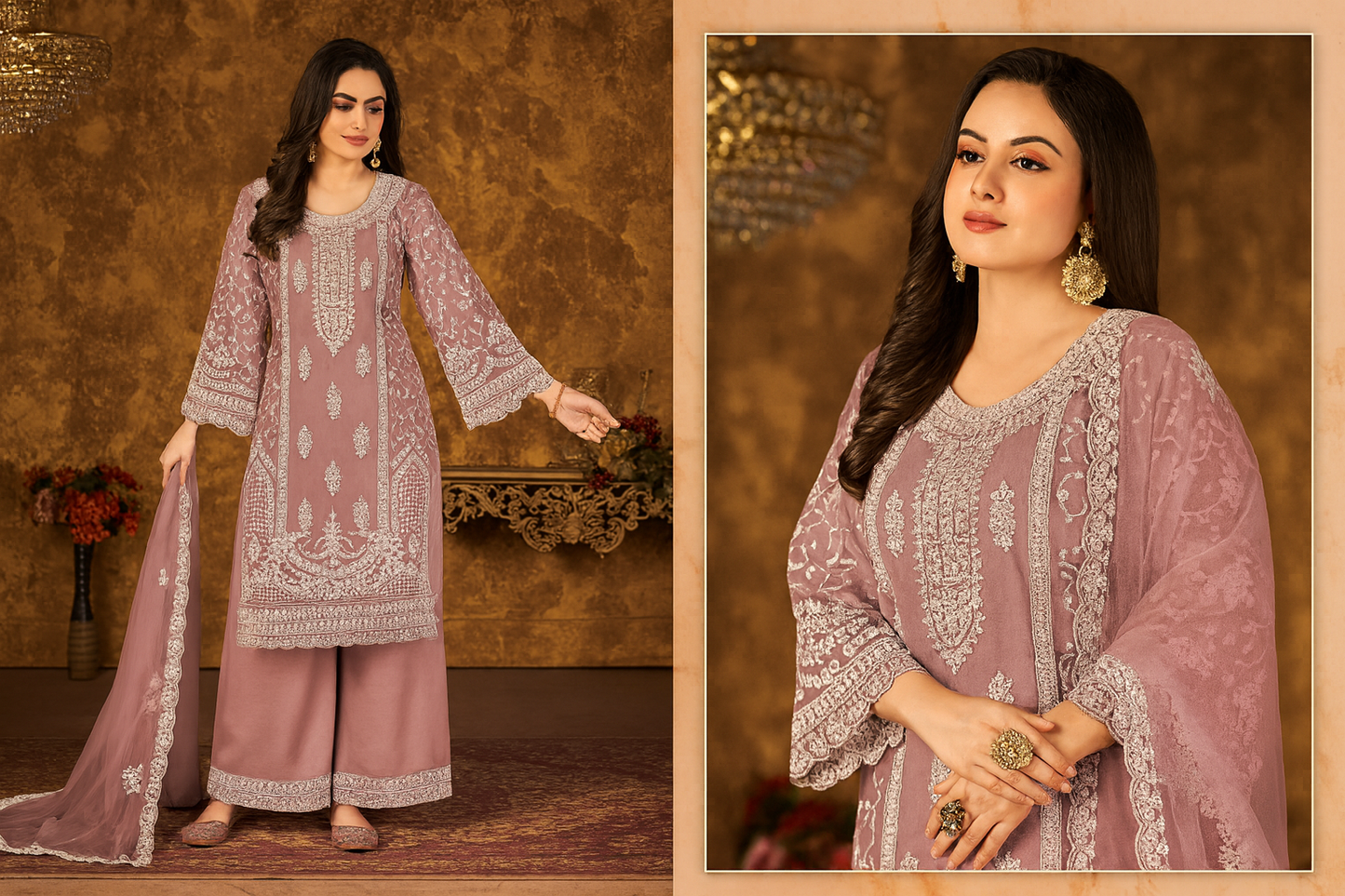 Elegant Mauve Net Embroidered Palazzo Suit with Dupatta – Festive & Wedding Wear