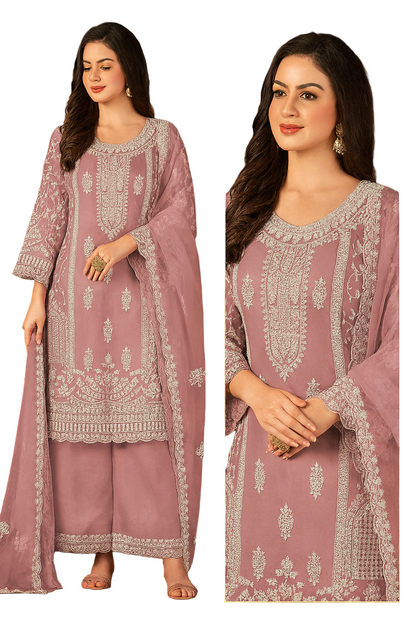 Elegant Mauve Net Embroidered Palazzo Suit with Dupatta – Festive & Wedding Wear