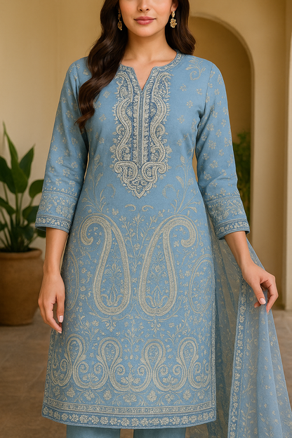 Elegant Blue Cotton Embroidered Suit with Printed Dupatta – Unstitched 3-Piece Setl charm