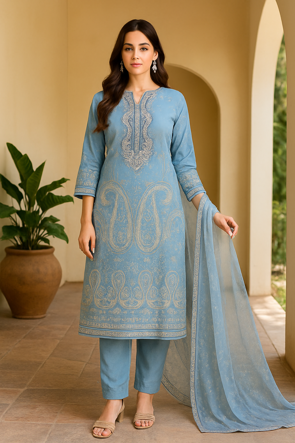 Elegant Blue Cotton Embroidered Suit with Printed Dupatta – Unstitched 3-Piece Setl charm