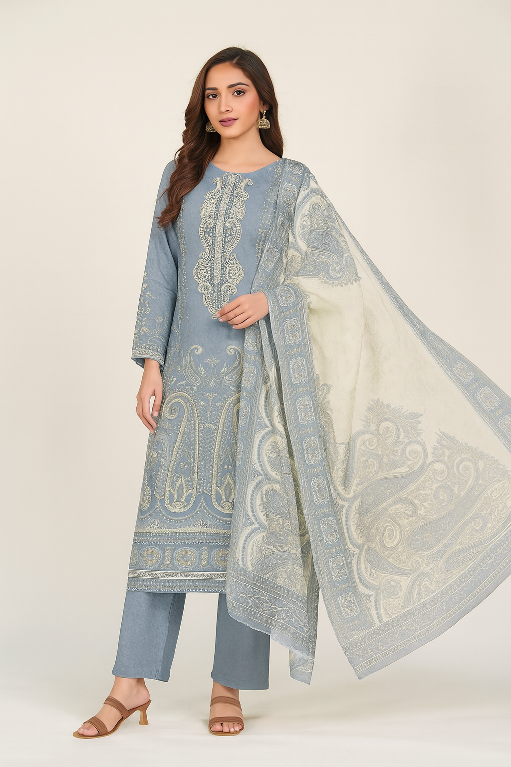 Elegant Blue Cotton Embroidered Suit with Printed Dupatta – Unstitched 3-Piece Setl charm
