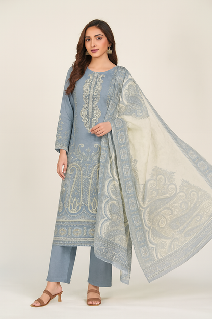 Elegant Blue Cotton Embroidered Suit with Printed Dupatta – Unstitched 3-Piece Setl charm