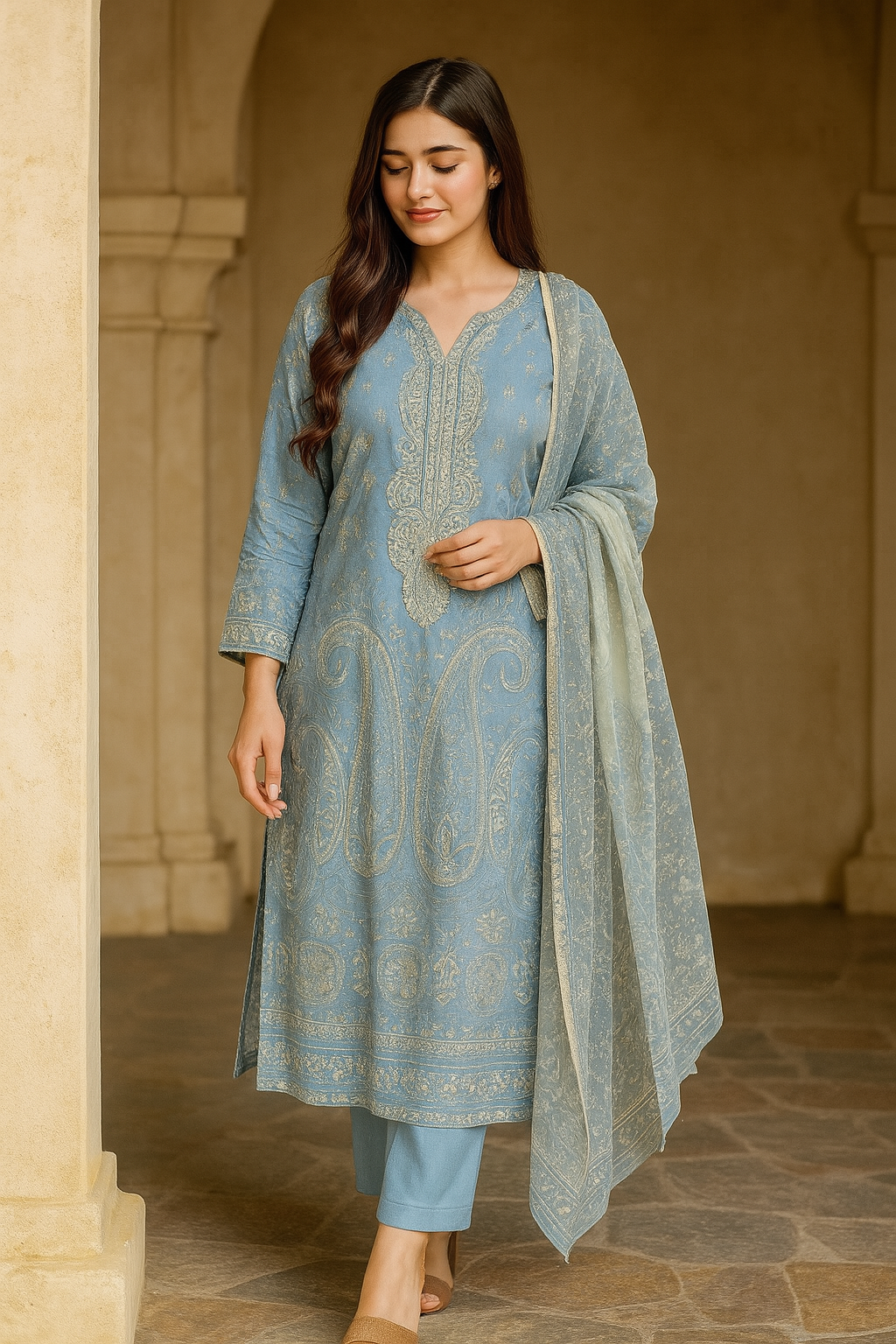 Elegant Blue Cotton Embroidered Suit with Printed Dupatta – Unstitched 3-Piece Setl charm