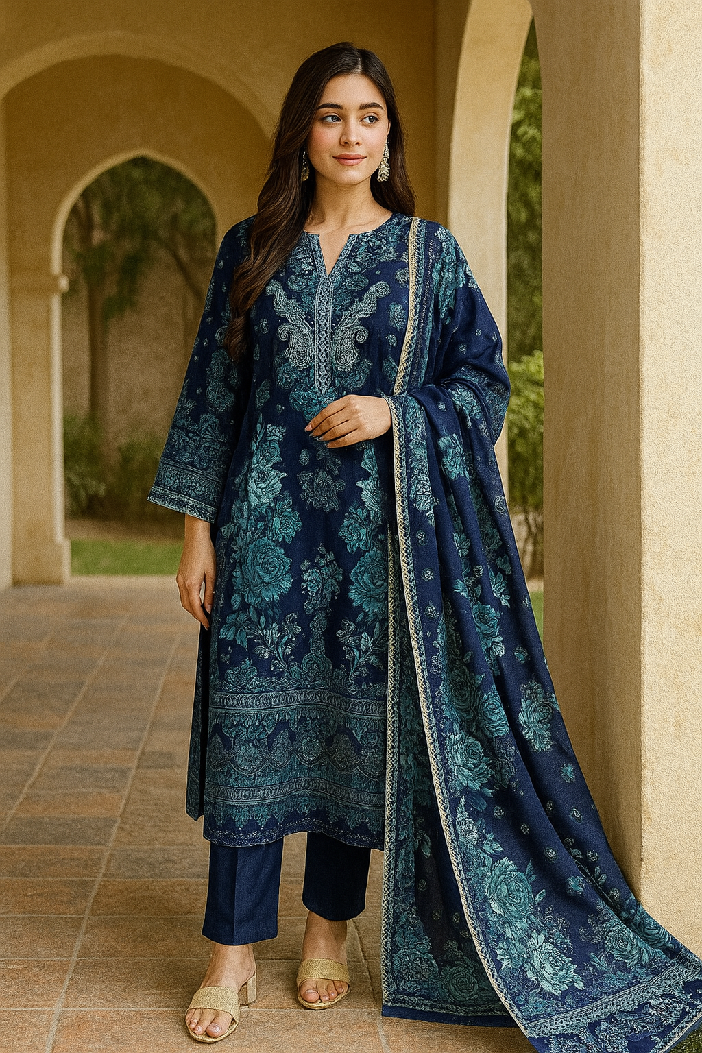 Luxury Navy Blue Floral Embroidered Cotton Suit – Unstitched 3-Piece Dress Material with Chiffon Dupatta