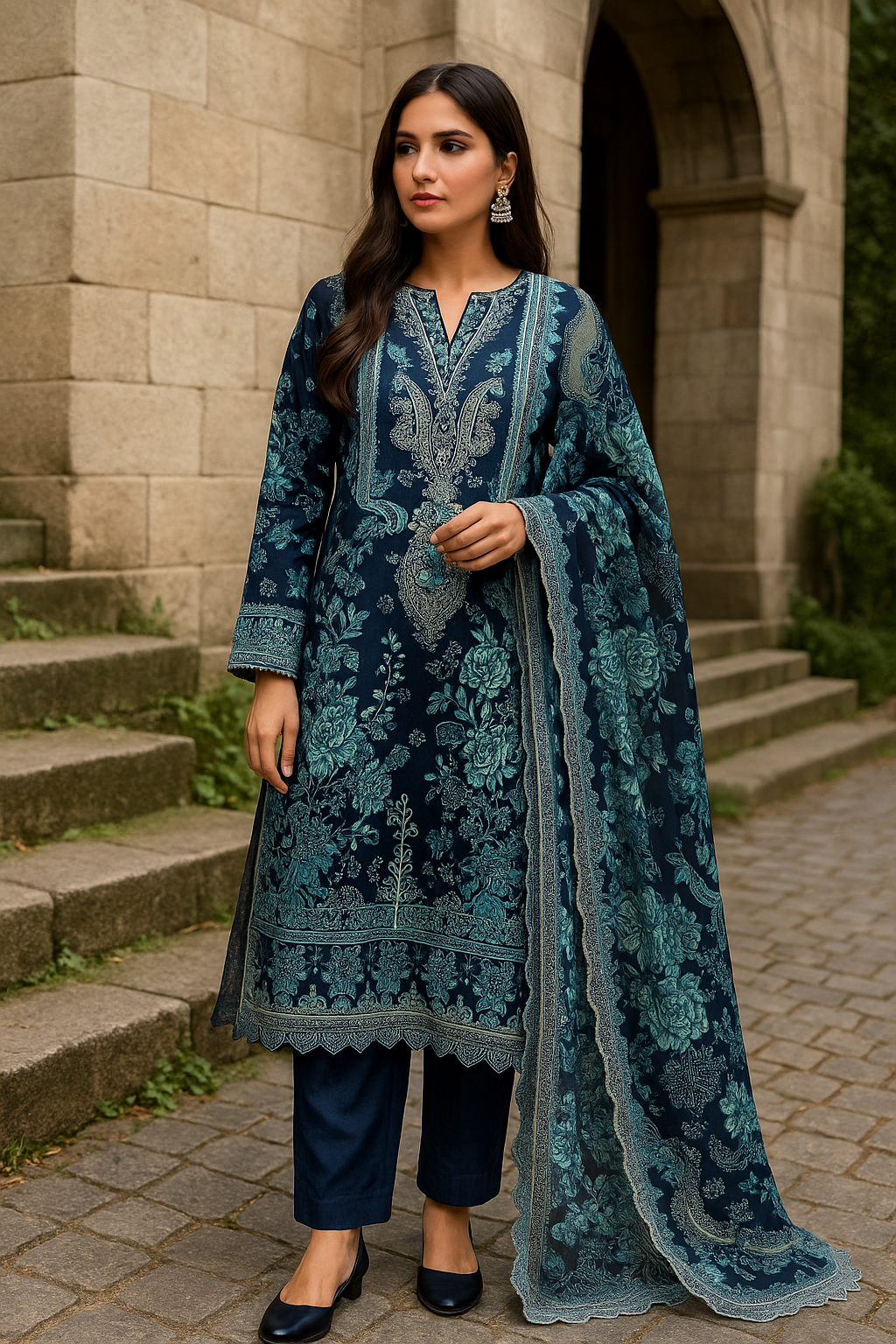 Luxury Navy Blue Floral Embroidered Cotton Suit – Unstitched 3-Piece Dress Material with Chiffon Dupatta