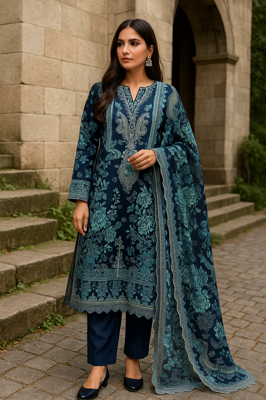 Luxury Navy Blue Floral Embroidered Cotton Suit – Unstitched 3-Piece Dress Material with Chiffon Dupatta