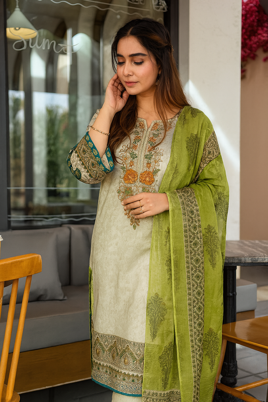 Fresh Lime Green Floral Embroidered Cotton Suit – Designer Unstitched 3-Piece Set with Dupatta