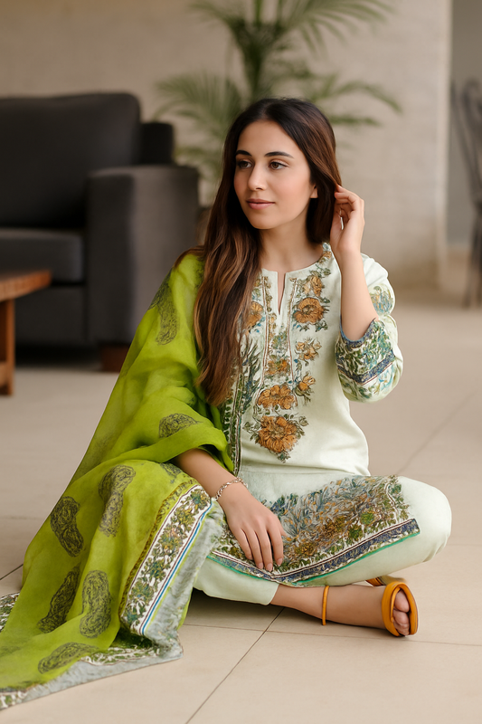 Fresh Lime Green Floral Embroidered Cotton Suit – Designer Unstitched 3-Piece Set with Dupatta