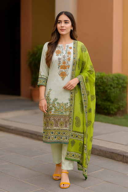 Fresh Lime Green Floral Embroidered Cotton Suit – Designer Unstitched 3-Piece Set with Dupatta