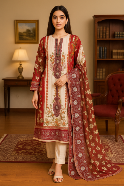 Elegant Maroon & Cream Floral Embroidered Suit – Unstitched Festive 3-Piece Set with Net Dupatta