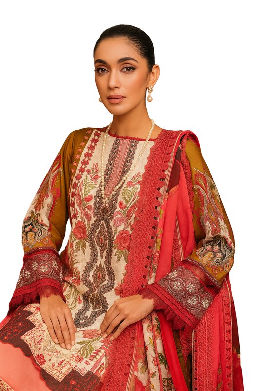 Elegant Maroon & Cream Floral Embroidered Suit – Unstitched Festive 3-Piece Set with Net Dupatta