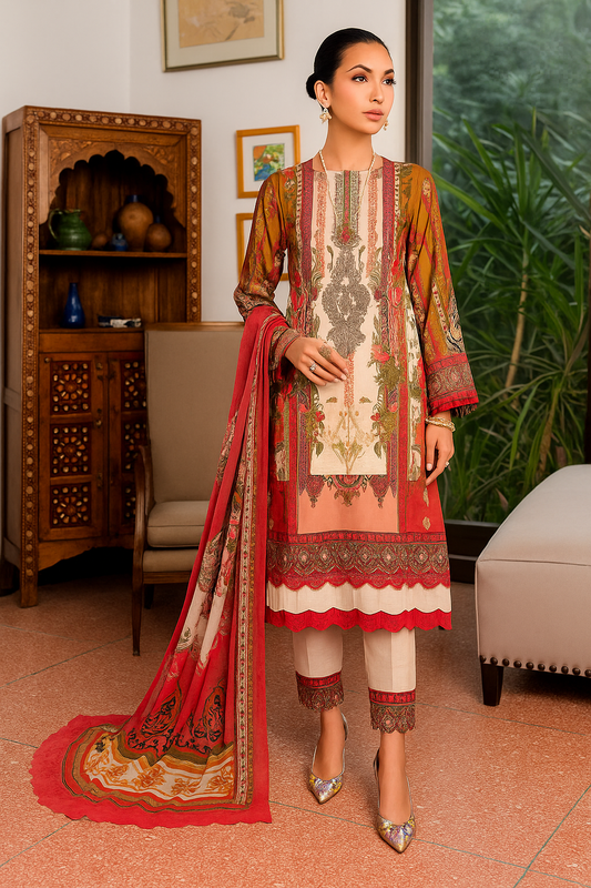 Elegant Maroon & Cream Floral Embroidered Suit – Unstitched Festive 3-Piece Set with Net Dupatta