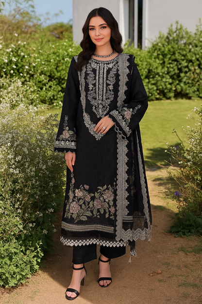 Elegant Black Floral Embroidered Unstitched Suit Set with Cotton Dupatta