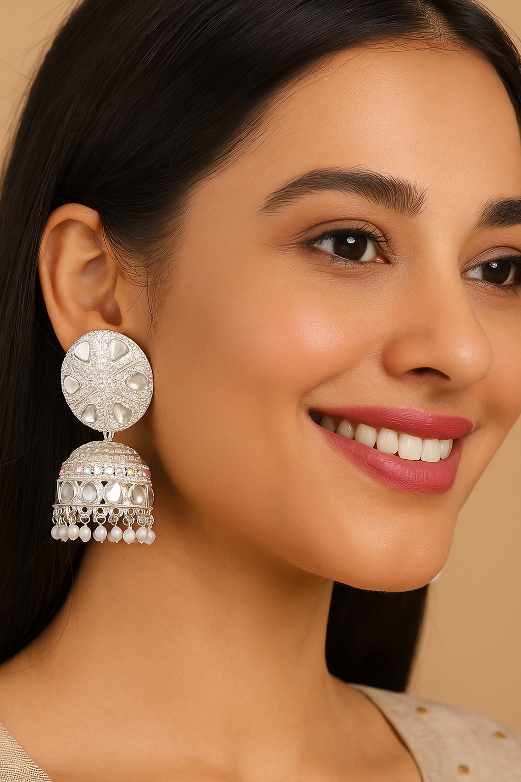 Elegant Silver Mirror Work Jhumka Earrings with Pearl Detailing – Traditional Ethnic Statement Jewelry