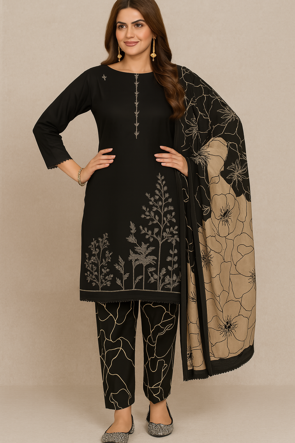 Premium Black & Beige Embroidered Rayon Suit Set | Unstitched Dress Material for Women
