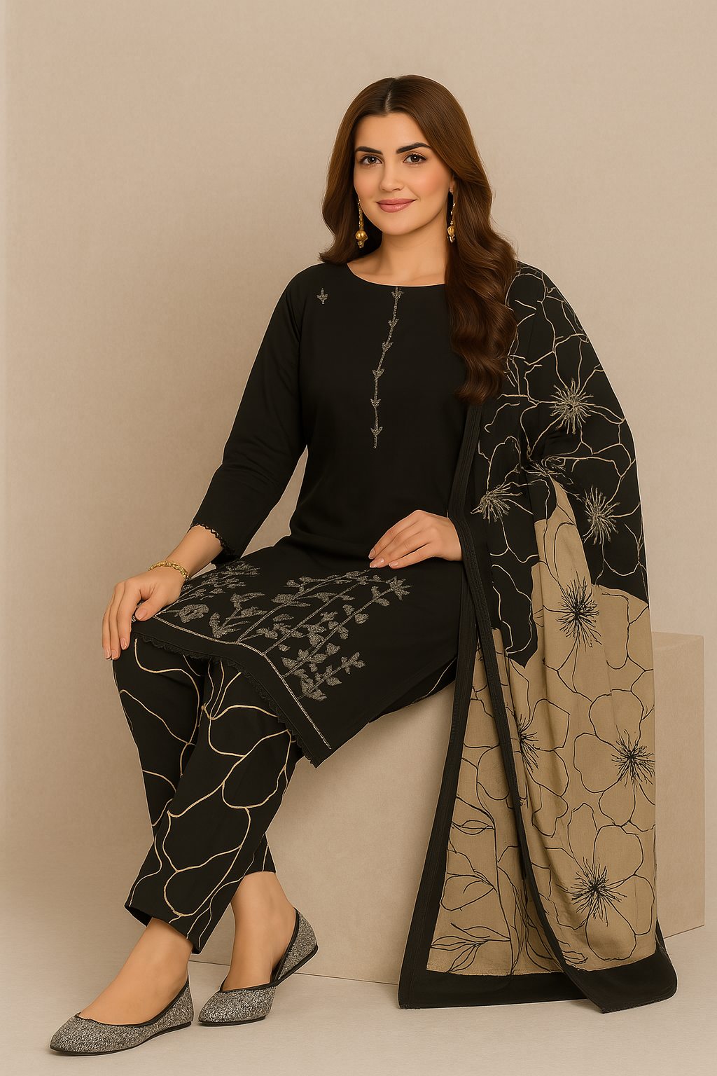 Premium Black & Beige Embroidered Rayon Suit Set | Unstitched Dress Material for Women