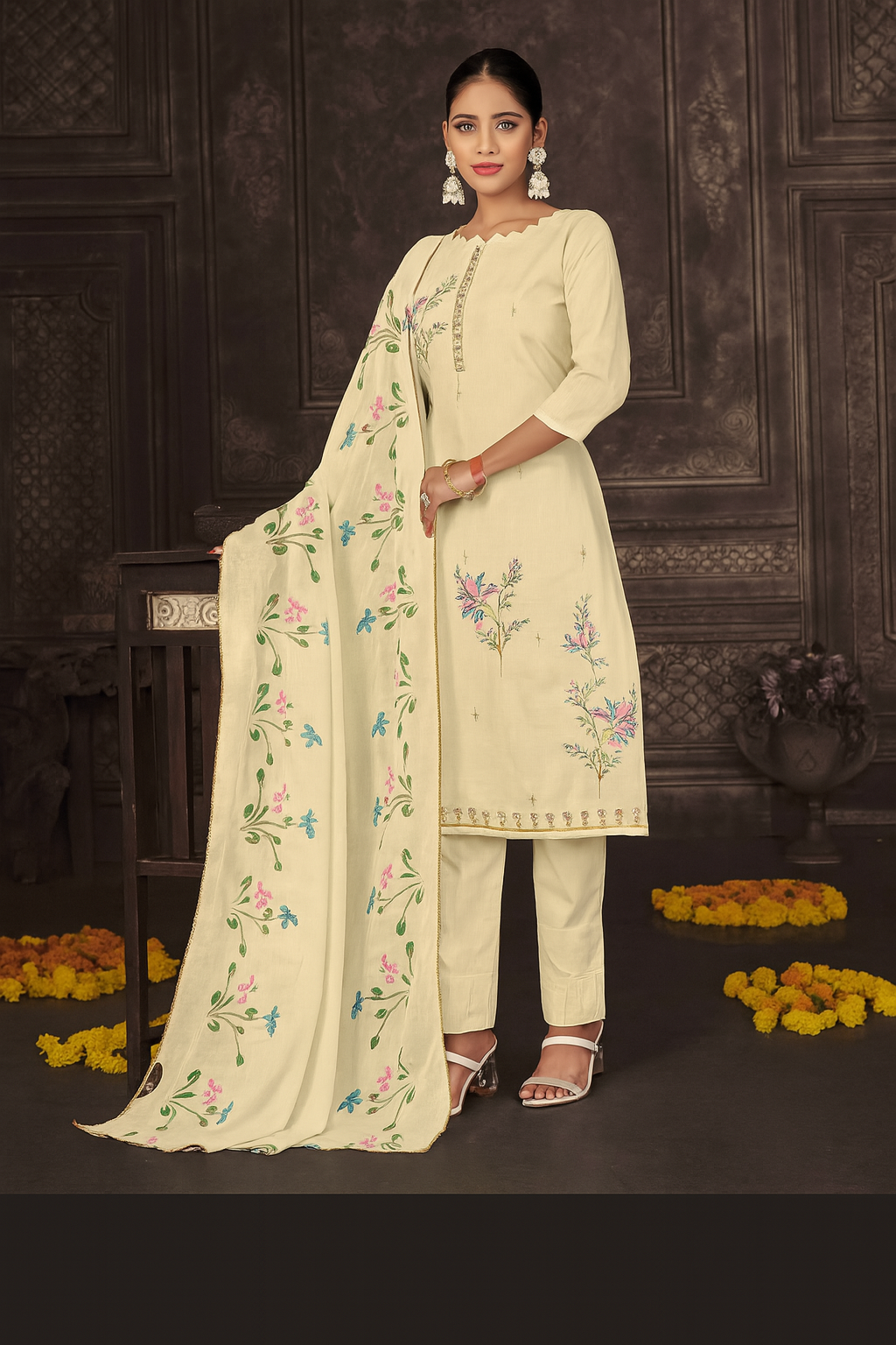 Beige Lawn Unstitched Cotton Suit Set with Hand Brush Print & Embroidered Dupatta