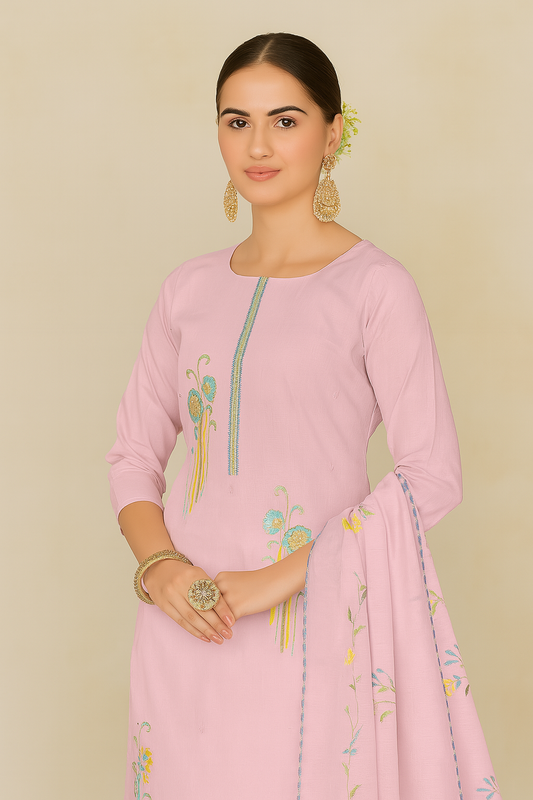 Elegant Light Pink Embroidered Lawn Suit with Hand Brush Print & Lace Dupatta