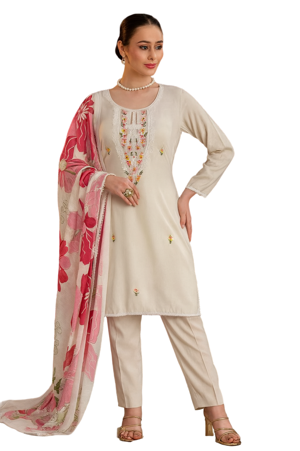 Elegant Cream Unstitched Rayon Embroidered Suit Set with Floral Printed Dupatta