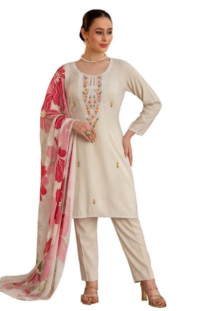 Elegant Cream Unstitched Rayon Embroidered Suit Set with Floral Printed Dupatta