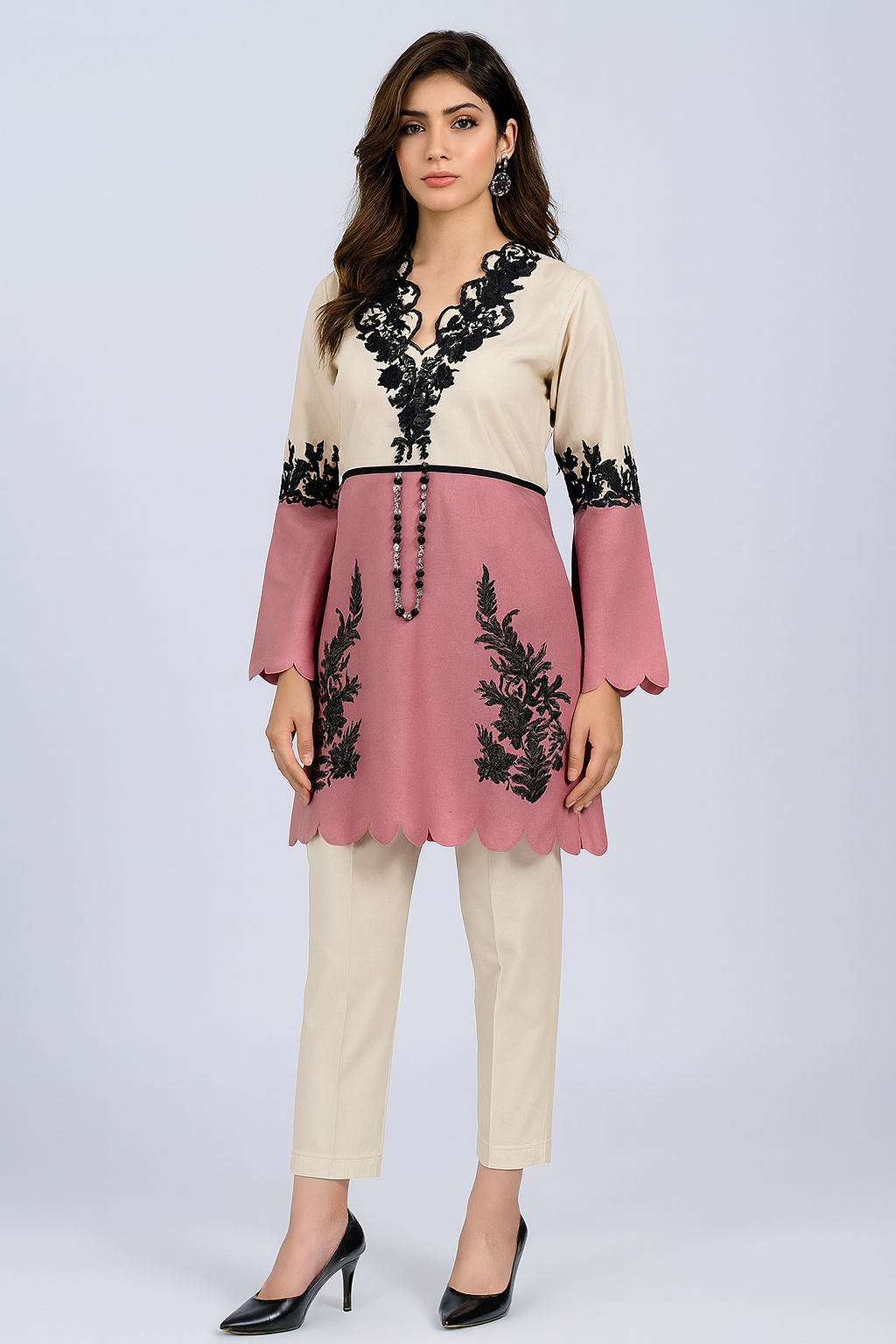 Pink and White Embroidered Jam Satin Readymade Suit with Dupatta