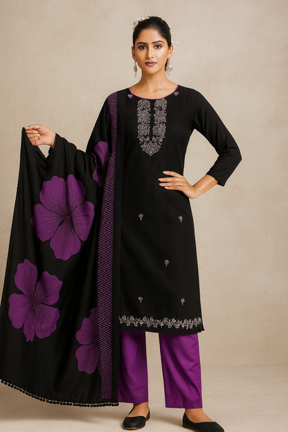 Elegant Black & Purple Rayon Unstitched Suit Set with Sequence Embroidery & Printed Dupatta – 3 Piece Dress Material