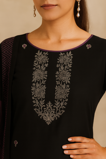 Elegant Black & Purple Rayon Unstitched Suit Set with Sequence Embroidery & Printed Dupatta – 3 Piece Dress Material