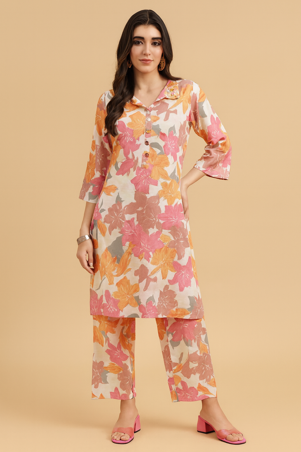 Women's Floral Printed Cotton Coord Set – Mandarin Collar Kurta with Matching Pants