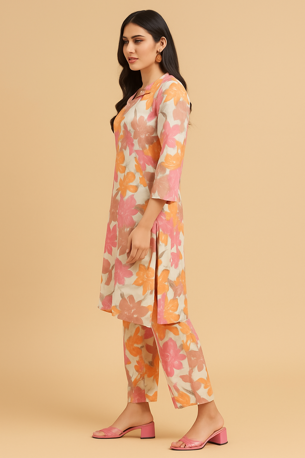 Women's Floral Printed Cotton Coord Set – Mandarin Collar Kurta with Matching Pants