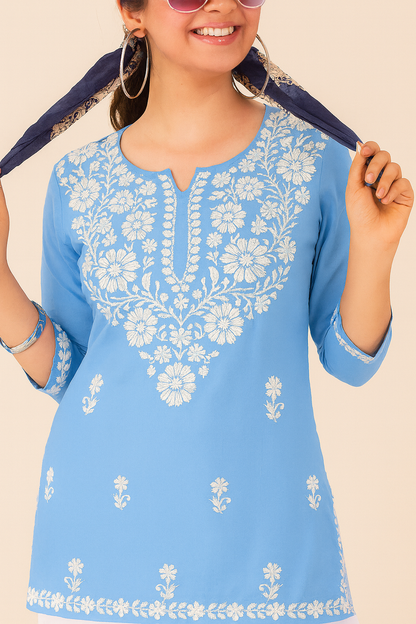 Sky Blue Rayon Embroidered Kurti Set for Women | Side Cut Short Kurti with White Thread Work