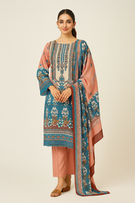 Peach & Blue Printed Cotton Mix Salwar Suit Set for Women – Unstitched Top, Bottom & Dupatta
