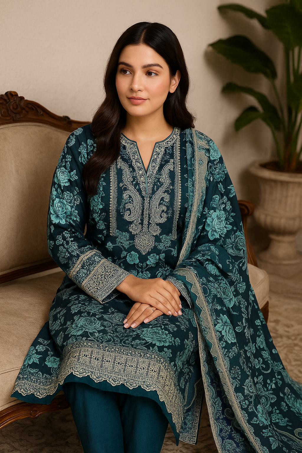 Luxury Navy Blue Floral Embroidered Cotton Suit – Unstitched 3-Piece Dress Material with Chiffon Dupatta