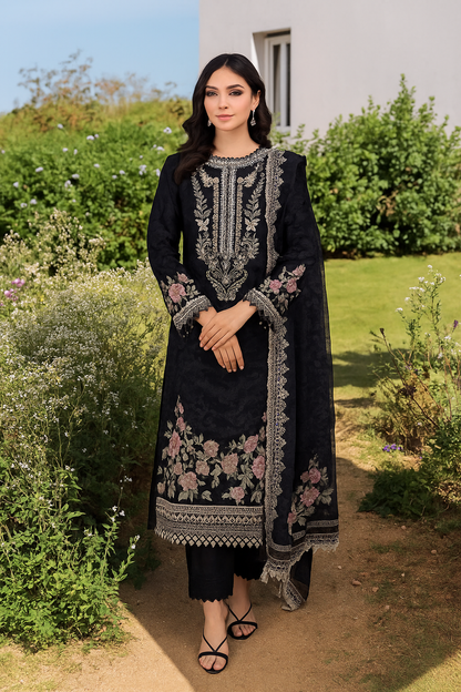 Elegant Black Floral Embroidered Unstitched Suit Set with Cotton Dupatta