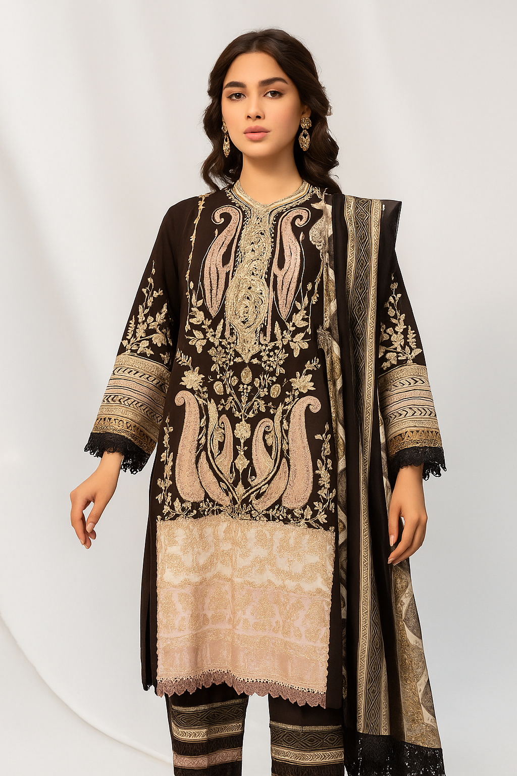 Elegant Embroidered Black & Beige Unstitched Suit with MAL MAL DUPATTA – Festive Ready