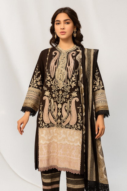 Elegant Embroidered Black & Beige Unstitched Suit with MAL MAL DUPATTA – Festive Ready