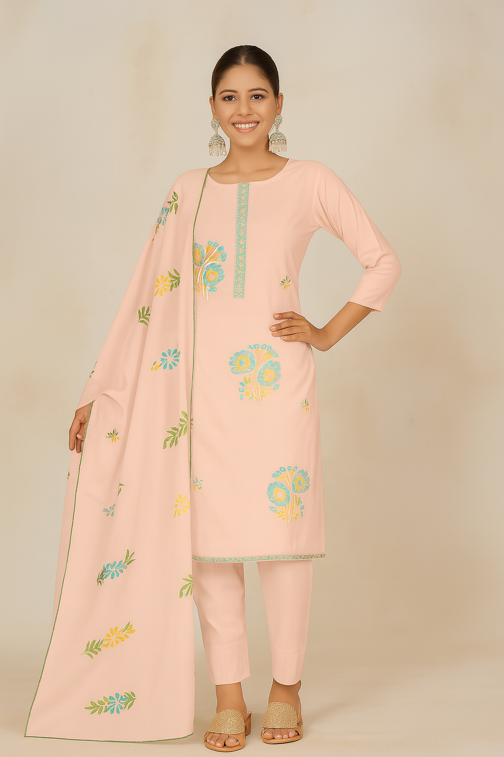 Pastel Pink Lawn Cotton Suit Set with Embroidery & Hand Brush Print Dupatta