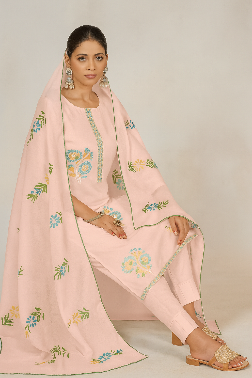 Pastel Pink Lawn Cotton Suit Set with Embroidery & Hand Brush Print Dupatta