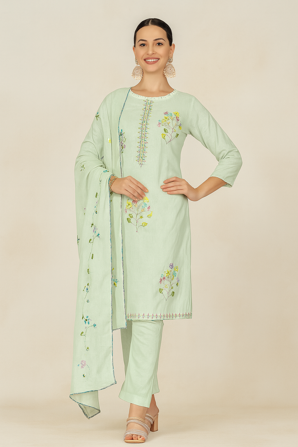 Mint Green Lawn Cotton Suit Set with Embroidery & Hand Brush Print Dupatta