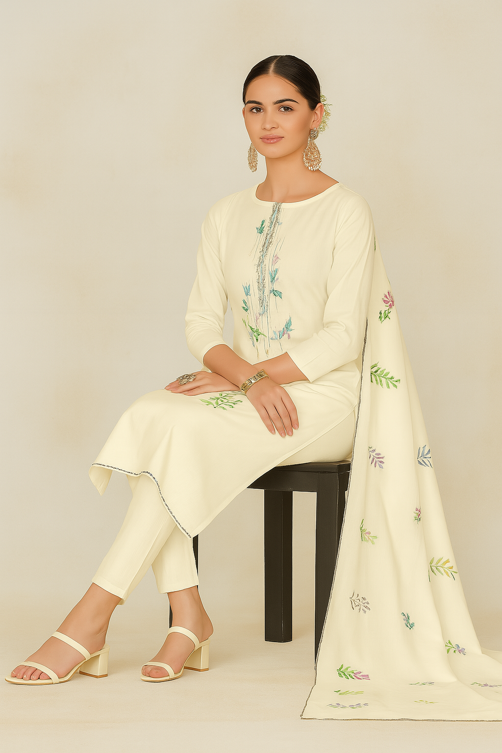 Off-White Lawn Cotton Suit Set with Hand Brush Print Dupatta & Embroidery