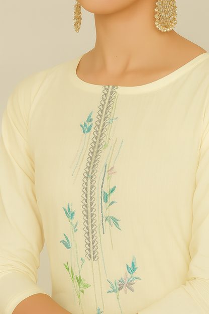 Off-White Lawn Cotton Suit Set with Hand Brush Print Dupatta & Embroidery