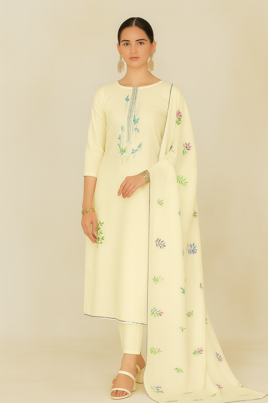 Off-White Lawn Cotton Suit Set with Hand Brush Print Dupatta & Embroidery