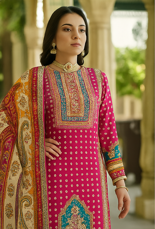 Rani Pink Cotton Suit Set – Zarkan Handwork with Soft Mal Mal Dupatta (Unstitched)